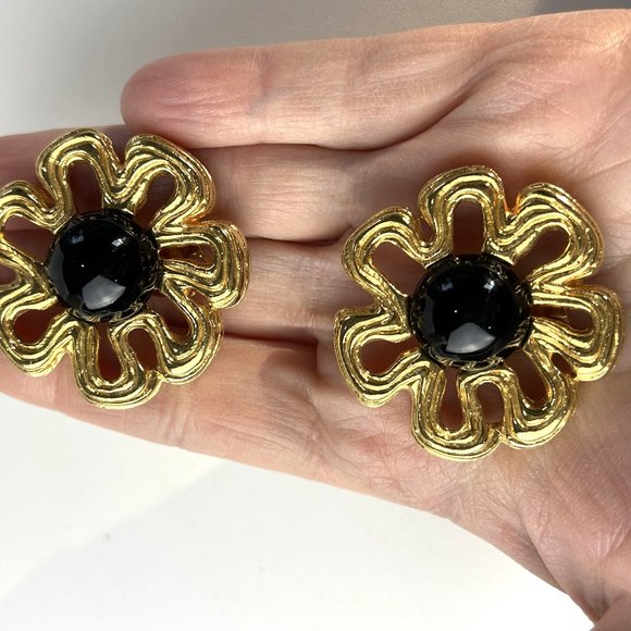 Givenchy Gold Flower Clip On Earrings with Black Cabochon - Picture 4 of 7